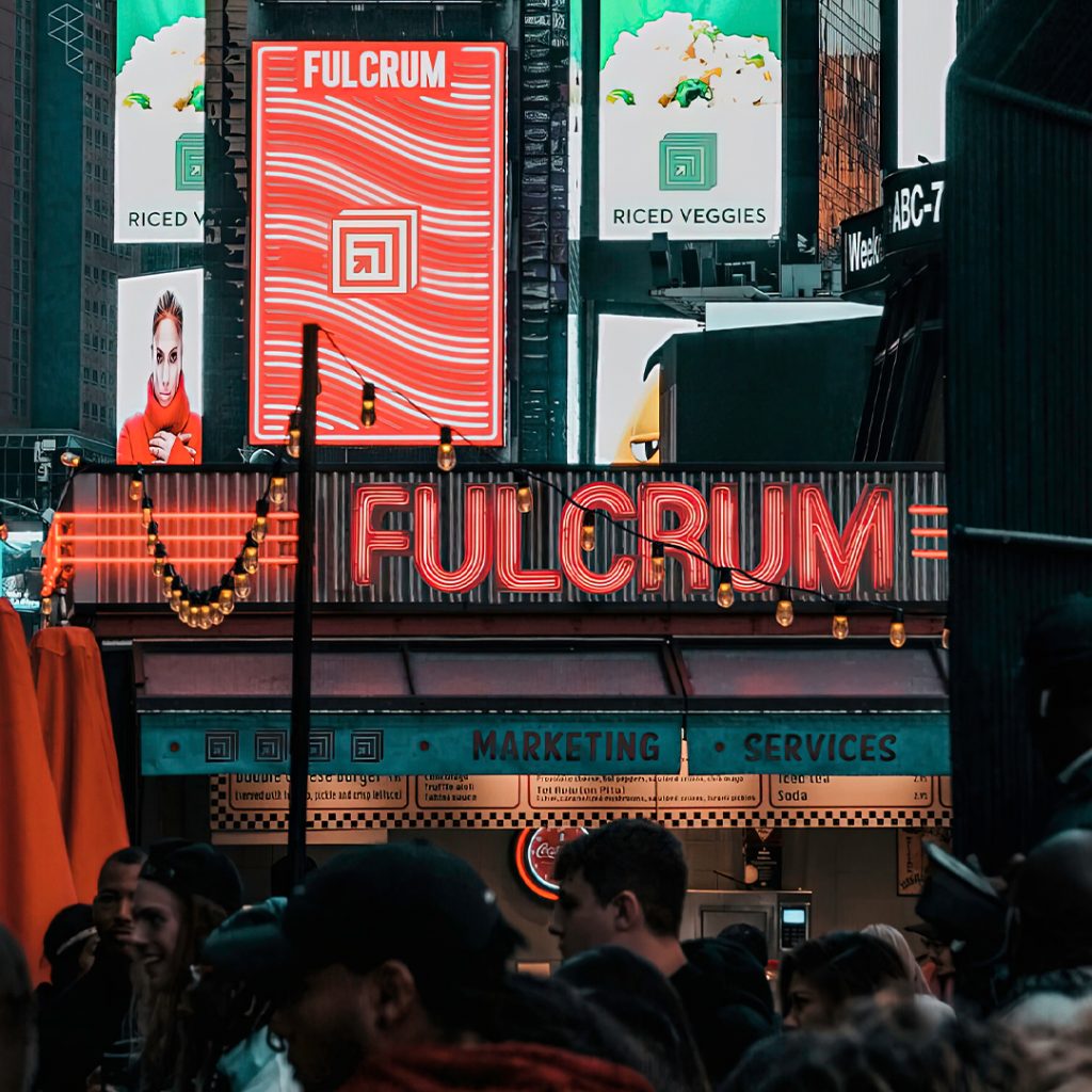 Professional graphic design services examples showing Fulcrum Marketing branding integrated throughout New York City streetscape