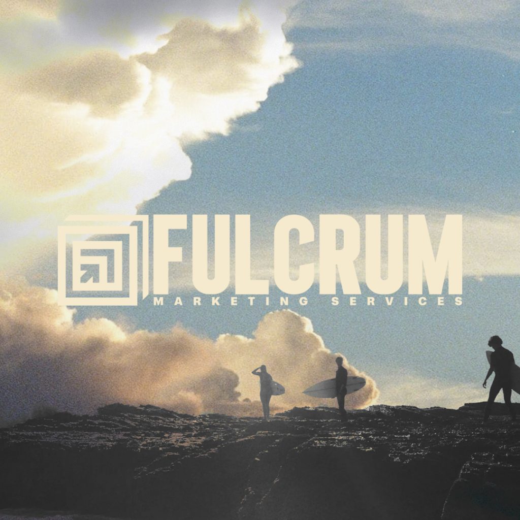 Fulcrum Marketing logo over dramatic clouds with silhouetted surfers atop a cliff, symbolizing bold marketing execution.