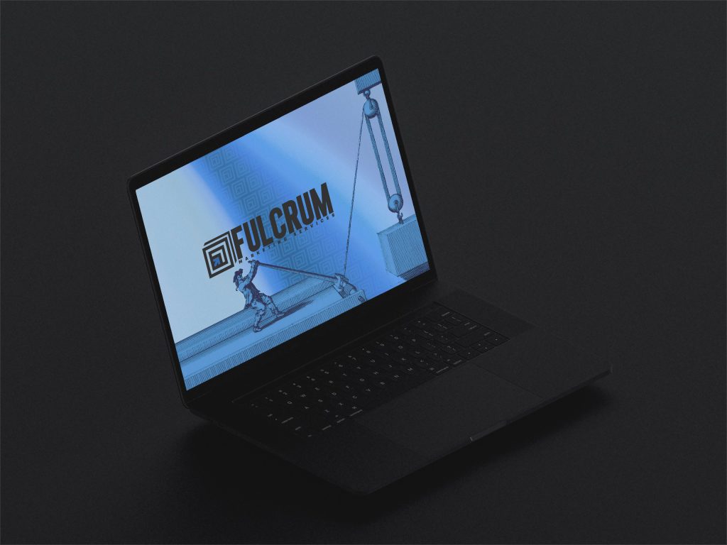 Black laptop with glowing Fulcrum Marketing illustration of a man using a lever to lift a box, symbolizing strategic brand execution