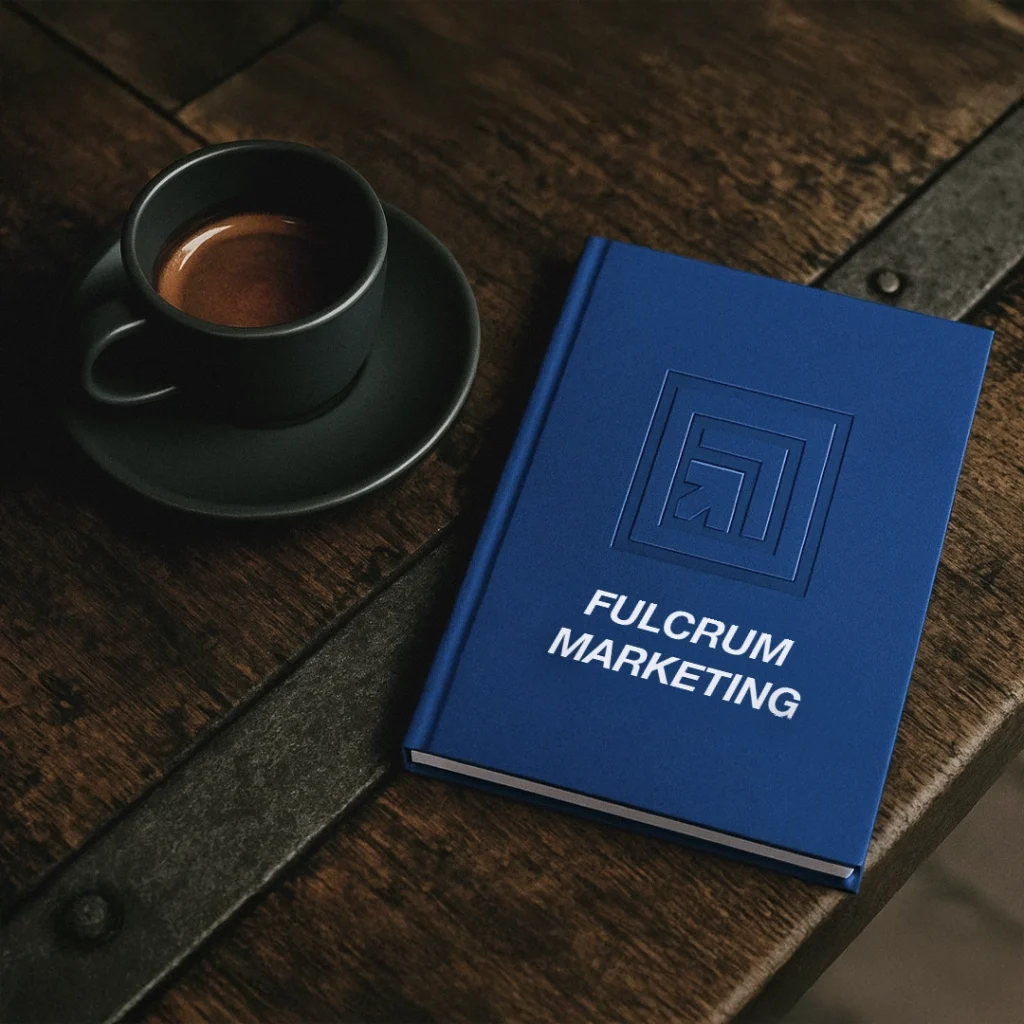 Blue notebook a fractional cmo would have with embossed Fulcrum Marketing logo beside a cup of espresso on a rustic coffee table.