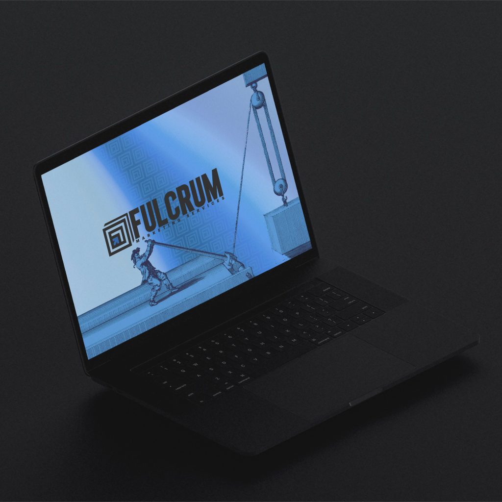 Fulcrum Marketing Website – Leveraging Your Brand for Growth Black laptop with glowing Fulcrum Marketing illustration of a man using a lever to lift a box, symbolizing strategic brand execution