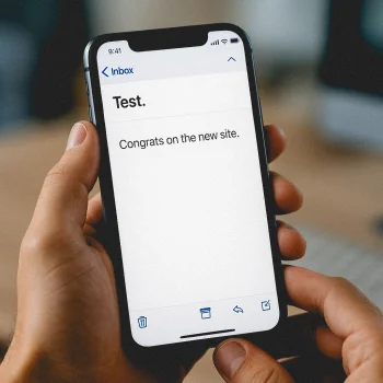 website-launch-congrats-email Website marketing strategy in close-up of smartphone screen showing email with subject “Test” and message “Congrats on the new site”